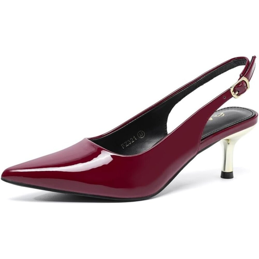 🆕Amoji Womens Burgundy Low Kitten Heels Slingback Pump Pointed Toe With Buckle
